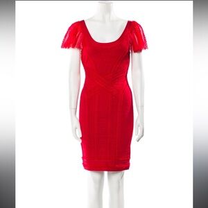 Herve Leger Evening Red Tulle Trimmed Cloqué Bandage Mini Cocktail Dress M